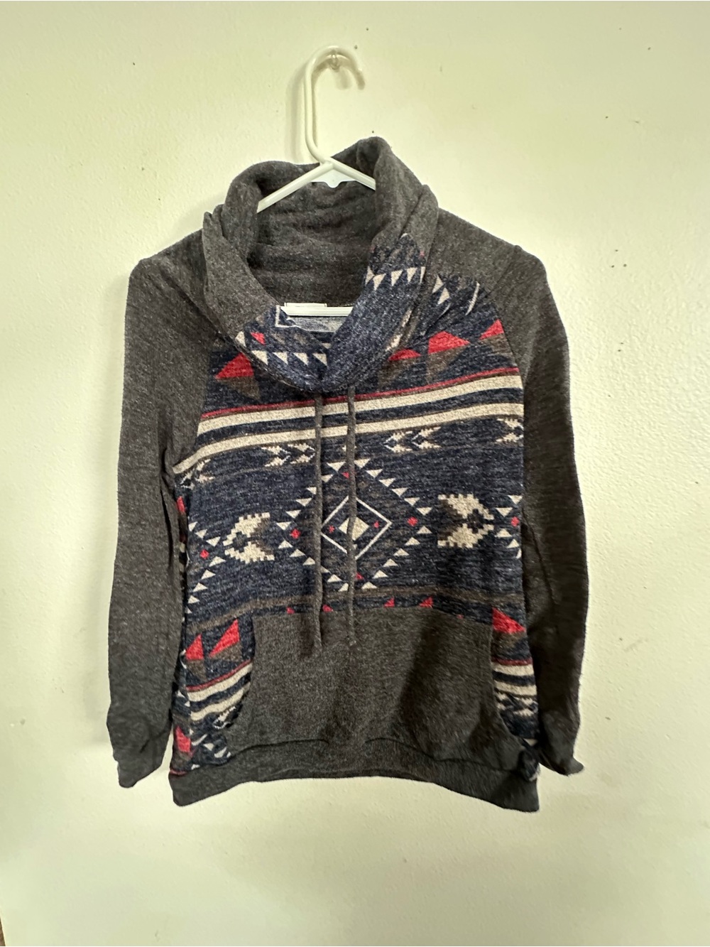12 Pm By Mon Ami Charcoal Aztec-Pattern Cowl Pullover with Red & Navy Accents